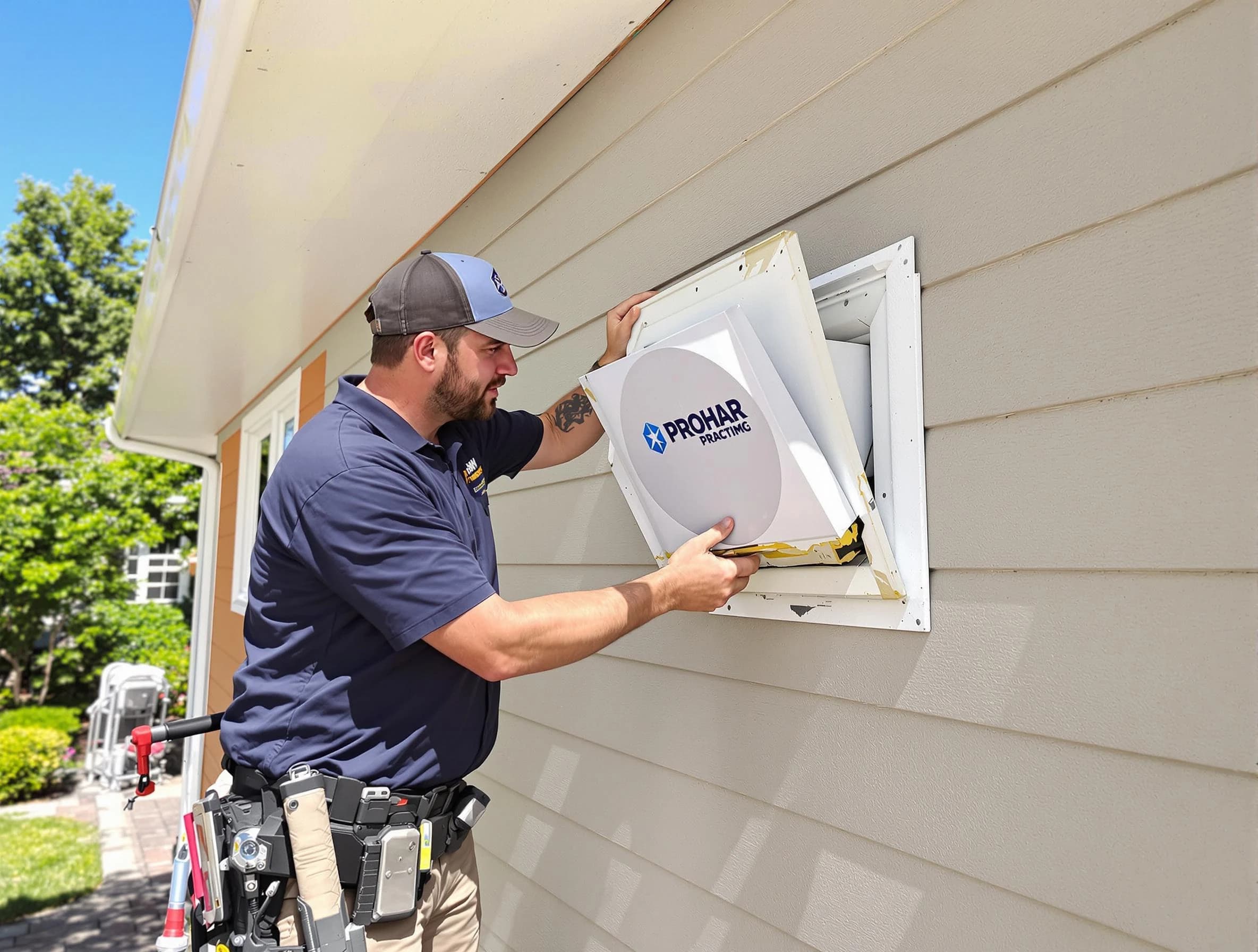 Spencer Dryer Vent Cleaning technician installing a new protective dryer vent cover on a home in Spencer