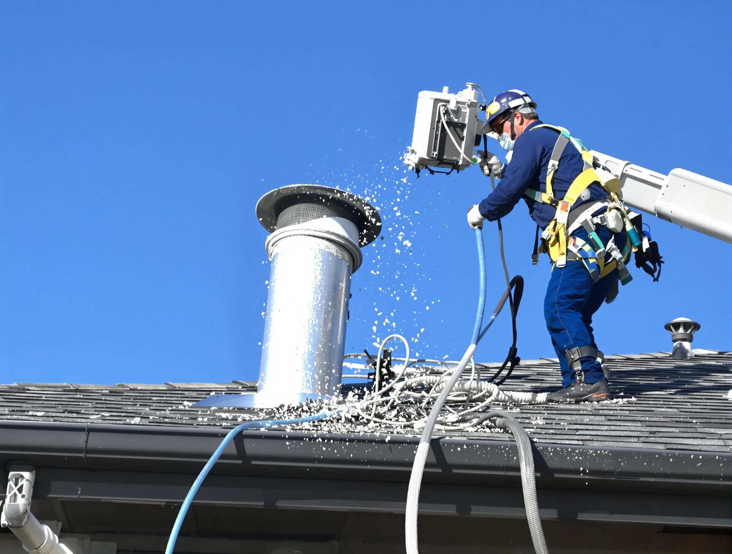 Spencer Dryer Vent Cleaning certified technician safely cleaning a roof-mounted dryer vent in Spencer