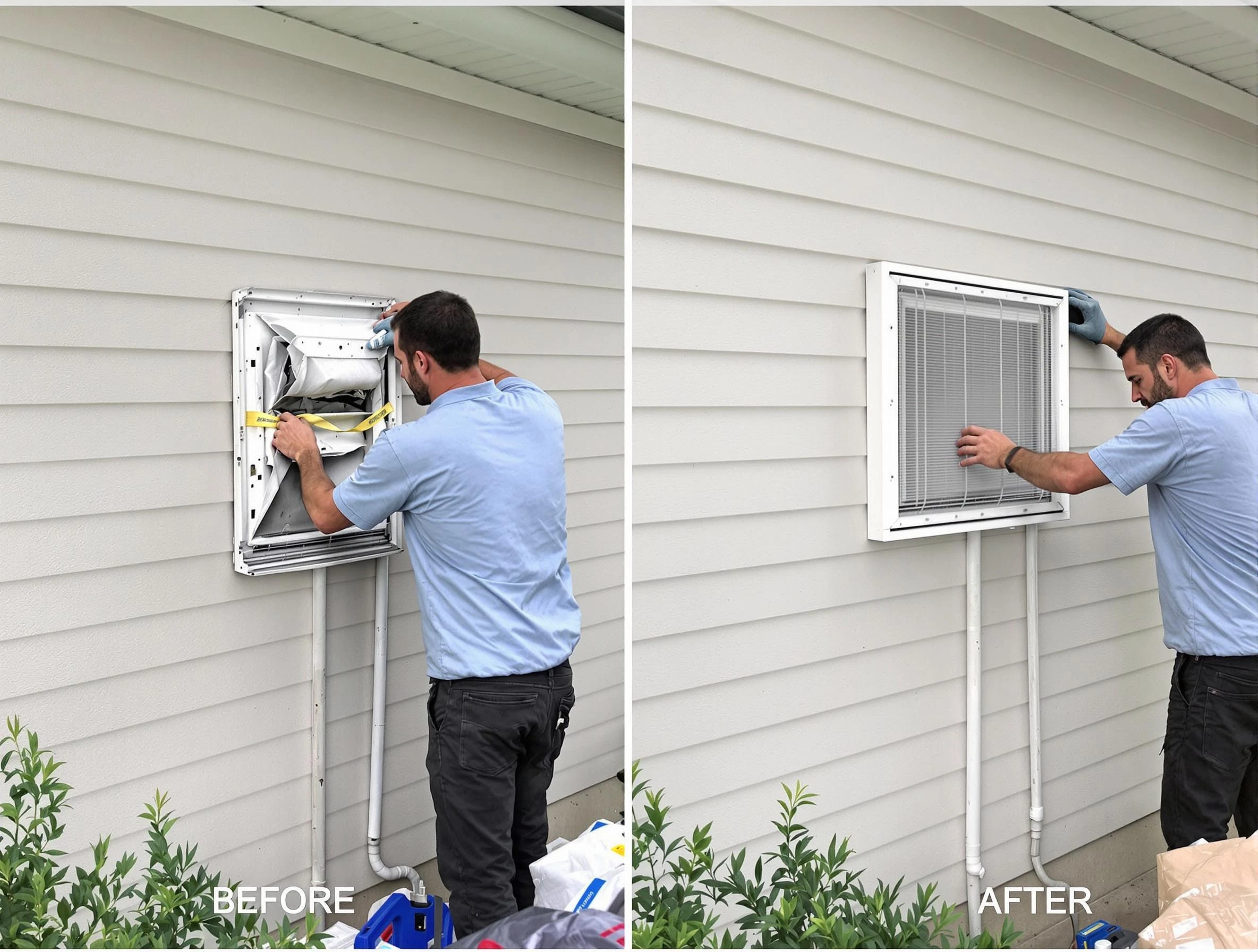 Spencer Dryer Vent Cleaning technician installing high-quality dryer vent cover at a residential property in Spencer